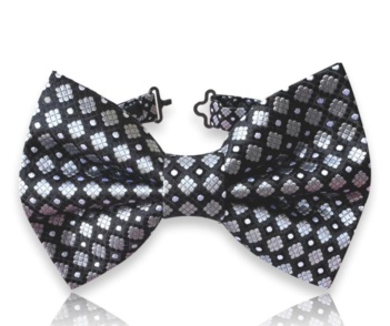 Premium handmade black silk bow tie with silver jacquard geometric pattern from the Heritage Collection by Neven.