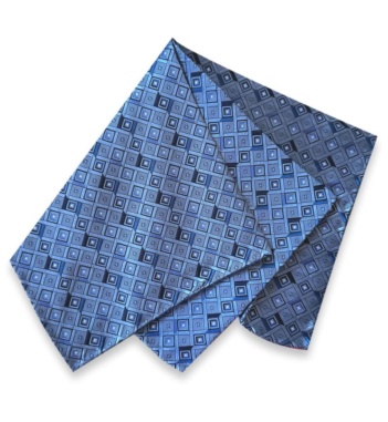 Folded blue jacquard silk pocket square with a navy geometric square pattern