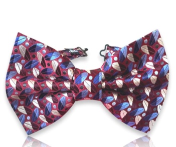 Heritage burgundy silk bow tie with blue and silver abstract leaf motif