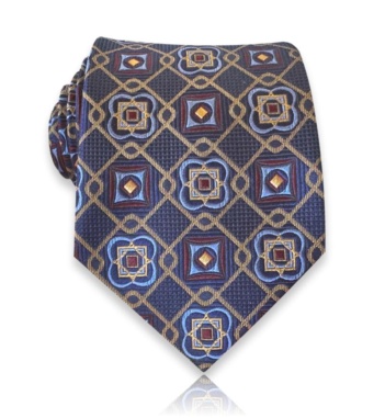 Navy jacquard silk tie with purple and burgundy ornamental motifs and golden geometric lines, N No. 1978 by Neven