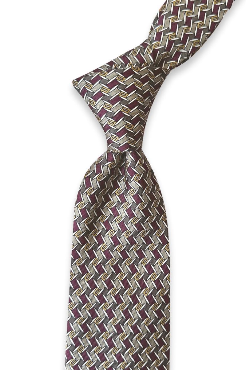 Graphic burgundy geometry in silk twill, from Neven’s N No. 1978 collection.