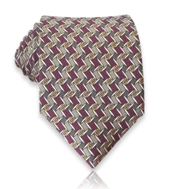 Burgundy silk twill tie with repeating ivory and charcoal geometric shapes and muted-gold details
