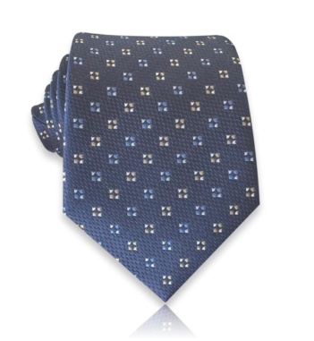 Navy jacquard silk tie with small repeating light blue and soft gold geometric motifs