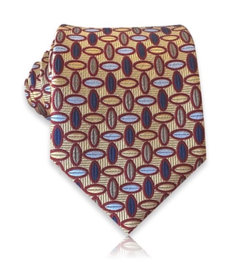 Gold jacquard silk tie with burgundy-framed oval motifs in navy, light blue, and taupe