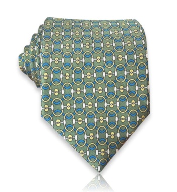 Green silk twill tie with repeating blue and gold oval motifs and small ivory connecting details