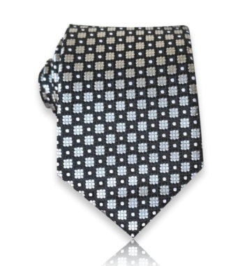 Black jacquard silk tie with repeating silver-toned square motifs and small dots