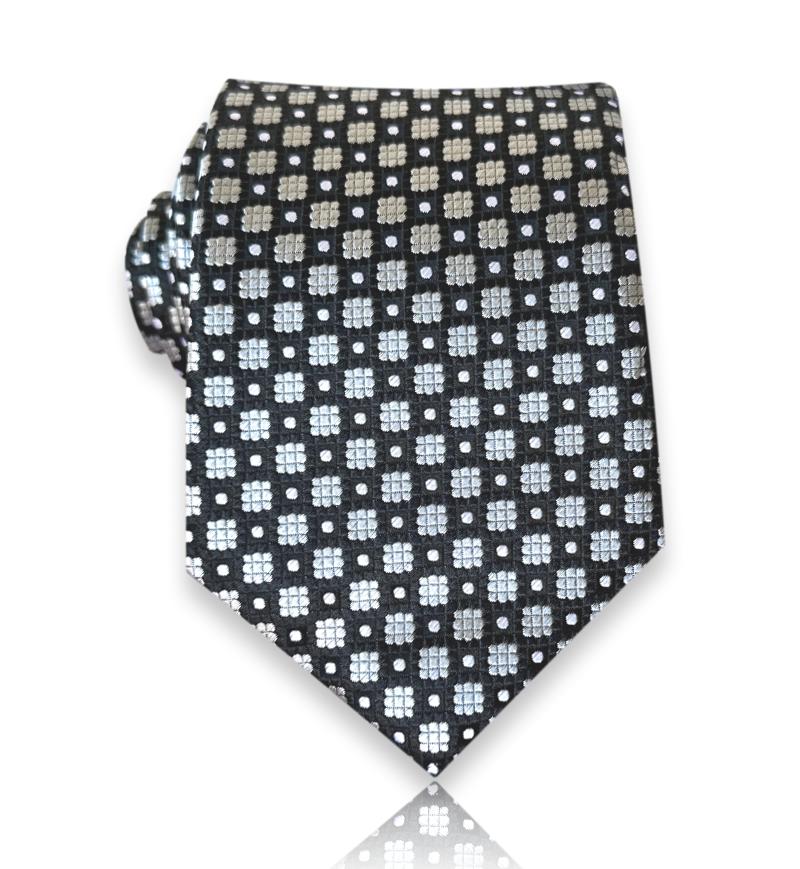 Black jacquard silk tie with repeating silver-toned square motifs and small dots