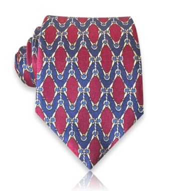 Burgundy and navy silk twill tie with diamond shapes framed by gold and ivory equestrian-inspired links