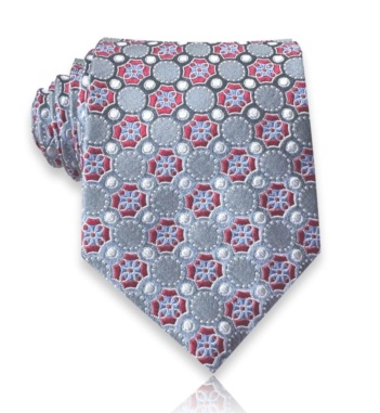 Light gray jacquard silk tie with burgundy floral medallions, pale blue petals, and silver-toned circular details