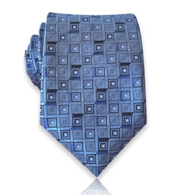 Blue jacquard silk tie with navy-framed geometric squares, fine lines, and silver-toned centers