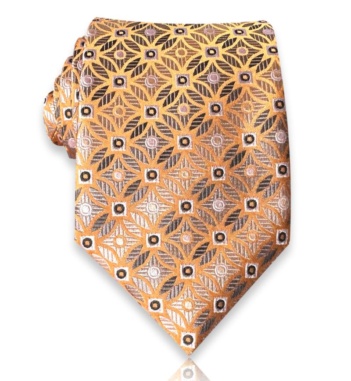 Orange jacquard silk tie with ornamental diamond shapes, stylized leaves, and charcoal, taupe, and ivory details