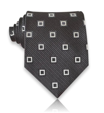 Black jacquard silk tie with silver-toned square outlines and fine diagonal texture
