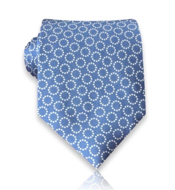 Blue silk twill tie with white dotted circles and fine diagonal texture