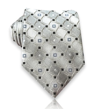 Silver-gray jacquard silk tie with interlocking geometric shapes, black squares