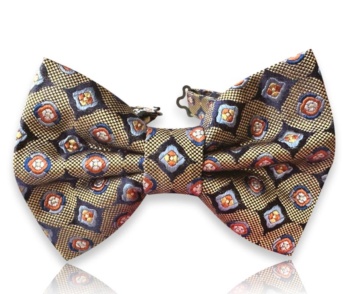Neven Heritage golden yellow jacquard silk bow tie with navy, light blue, and orange geometric motifs