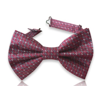 Neven burgundy silk twill bow tie with turquoise circular motifs and an adjustable neck strap on a white background.