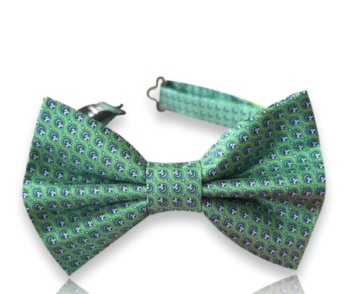 Neven green silk twill bow tie with small blue paisley motifs and an adjustable neck strap on a white background.