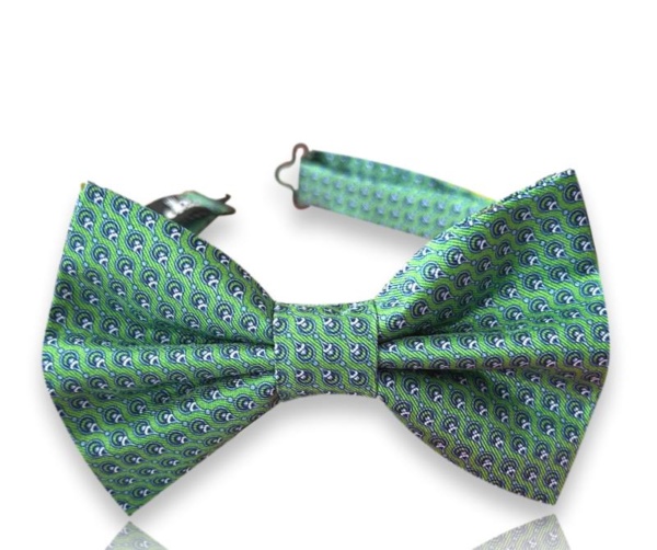 Neven green silk twill bow tie with small blue paisley motifs and an adjustable neck strap on a white background.