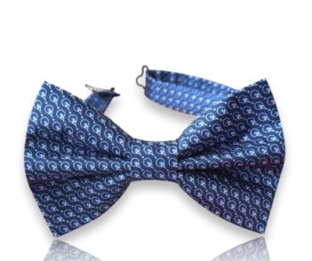 Neven navy silk twill bow tie with small light blue paisley motifs and an adjustable neck strap on a white background.