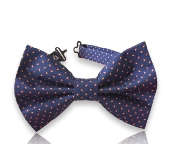 Neven navy silk twill bow tie with tiny coral-orange motifs and an adjustable neck strap on a white background.