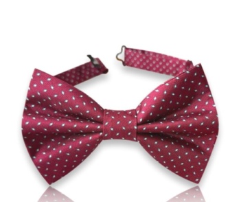 Neven burgundy silk twill bow tie with tiny light turquoise motifs and an adjustable neck strap on a white background.