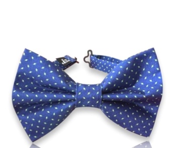 Neven blue silk twill bow tie with tiny light green motifs and an adjustable neck strap on a white background.