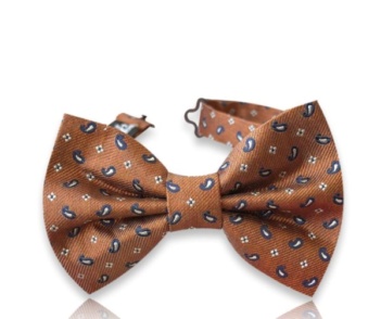 Neven brown silk jacquard bow tie with small navy paisley motifs and light geometric details on a white background.