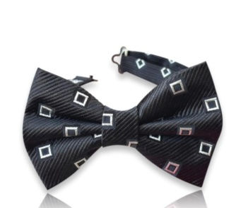 Neven black silk jacquard bow tie with silver-toned outlined squares and diagonal texture on a white background.