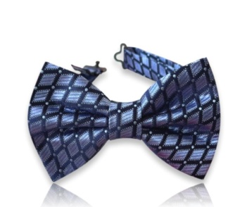 Neven navy silk jacquard bow tie with large purple-toned geometric motifs and light-colored details on a white background.