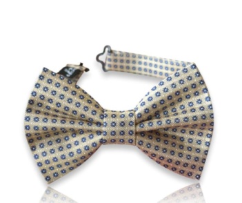 Neven beige silk jacquard bow tie with small navy floral motifs and an adjustable neck strap on a white background.