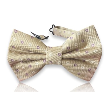 Neven beige silk jacquard bow tie with small purple and white circular motifs on a white background.