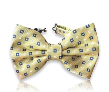 Neven yellow silk jacquard bow tie with navy and white square motifs on a white background.