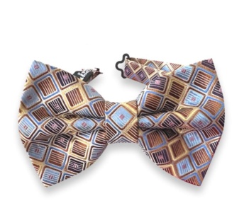 Neven beige silk jacquard bow tie with blue, brown, and golden yellow geometric square motifs on a white background.