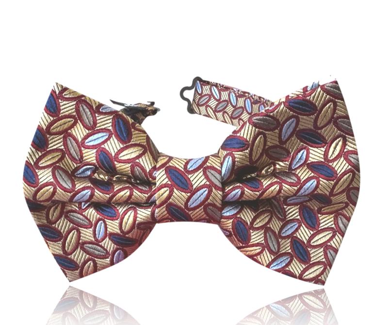 Neven antique gold silk bow tie with deep blue, light blue, and gold oval motifs outlined in burgundy on a white background.