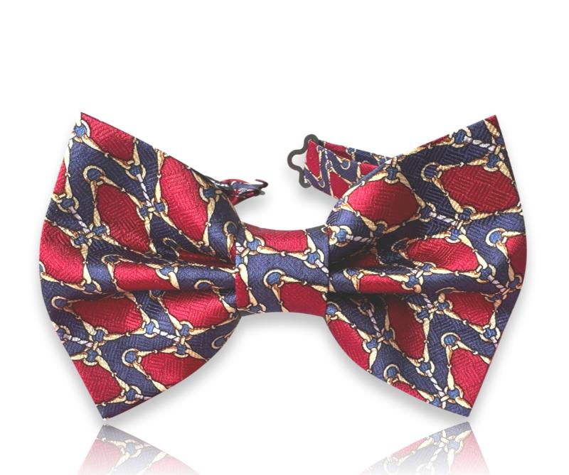 Neven red and navy silk twill bow tie with gold chain motifs on a white background.