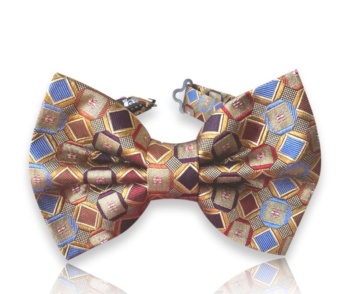 Neven gold silk jacquard bow tie with blue, brown, burgundy, and purple geometric motifs on a white background.