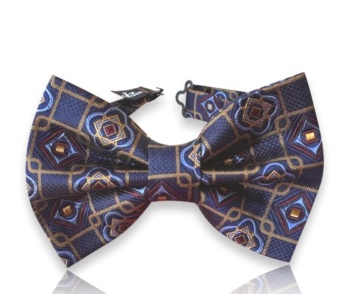 Neven navy silk jacquard bow tie with blue and burgundy geometric medallions connected by gold lines on a white background.