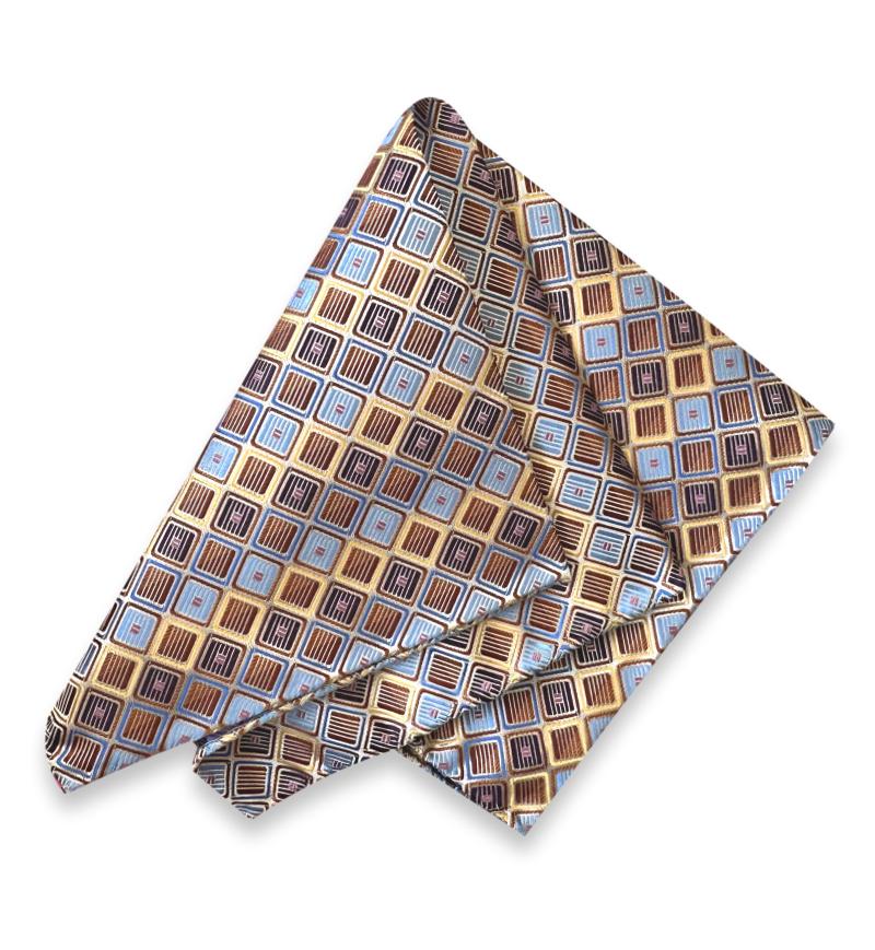 Neven jacquard silk pocket square with light blue, brown, and golden beige geometric square motifs