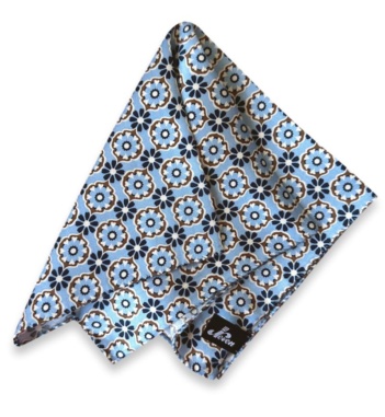 Neven light blue viscose pocket square with navy flowers and brown and cream ornamental floral motifs