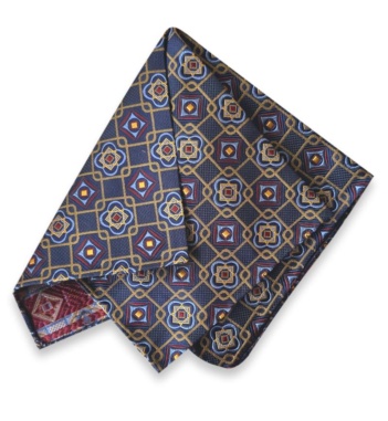 Neven navy jacquard silk pocket square with burgundy and gold ornamental medallions and an interlocking gold lattice