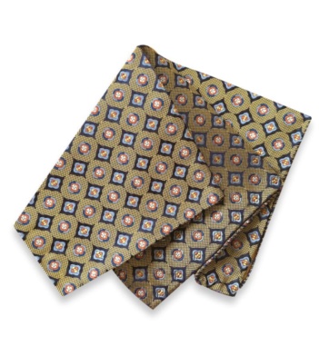 Neven gold and navy jacquard silk pocket square with square motifs and medallions accented in light blue, orange, and cream