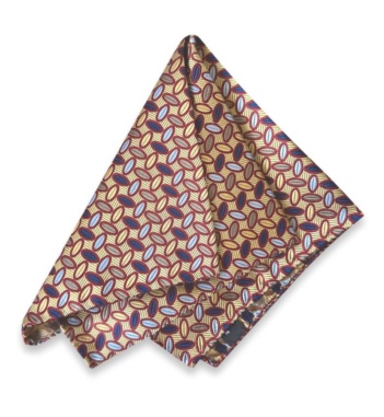 Neven tan jacquard silk pocket square with burgundy-outlined oval motifs in navy, light blue, and taupe