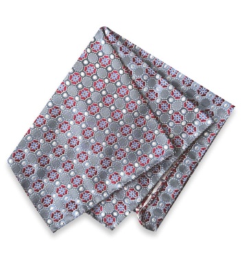 Neven gray jacquard silk pocket square with burgundy medallions, light blue details, and silver-toned circular accents