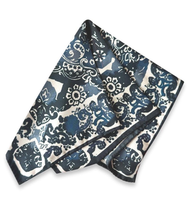 Neven navy and ivory silk twill pocket square with floral motifs, ornamental scrollwork, and decorative medallions