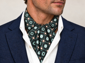 Green silk ascot tie with geometric mosaic pattern
