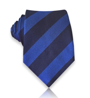 Blue and navy jacquard silk tie with broad diagonal stripes and fine woven texture