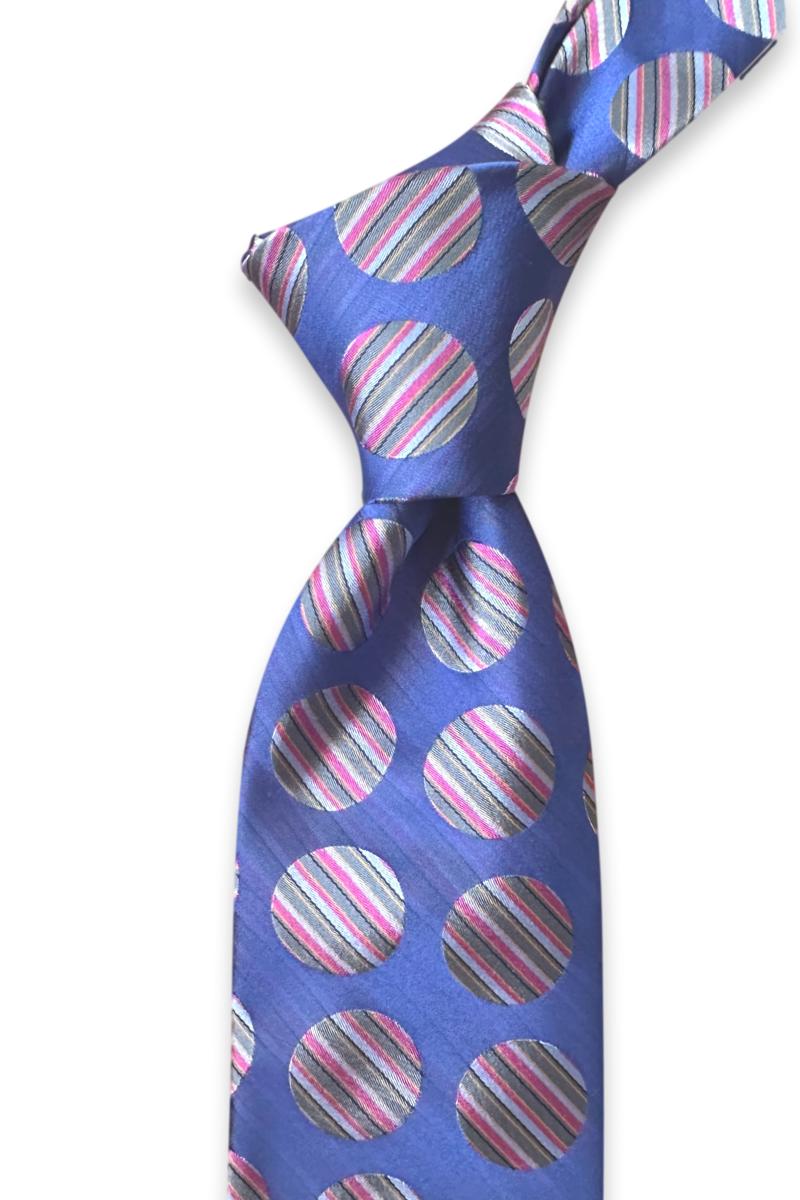Blue jacquard silk tie with large circles filled with pink, light blue, and silver-gray diagonal stripes