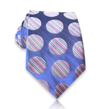 Blue jacquard silk tie with large circles filled with pink, light blue, and silver-gray diagonal stripes