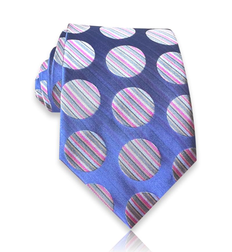 Blue jacquard silk tie with large circles filled with pink, light blue, and silver-gray diagonal stripes
