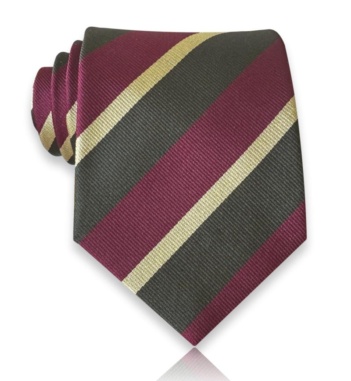 Burgundy and dark olive jacquard silk tie with narrow gold-toned diagonal stripes